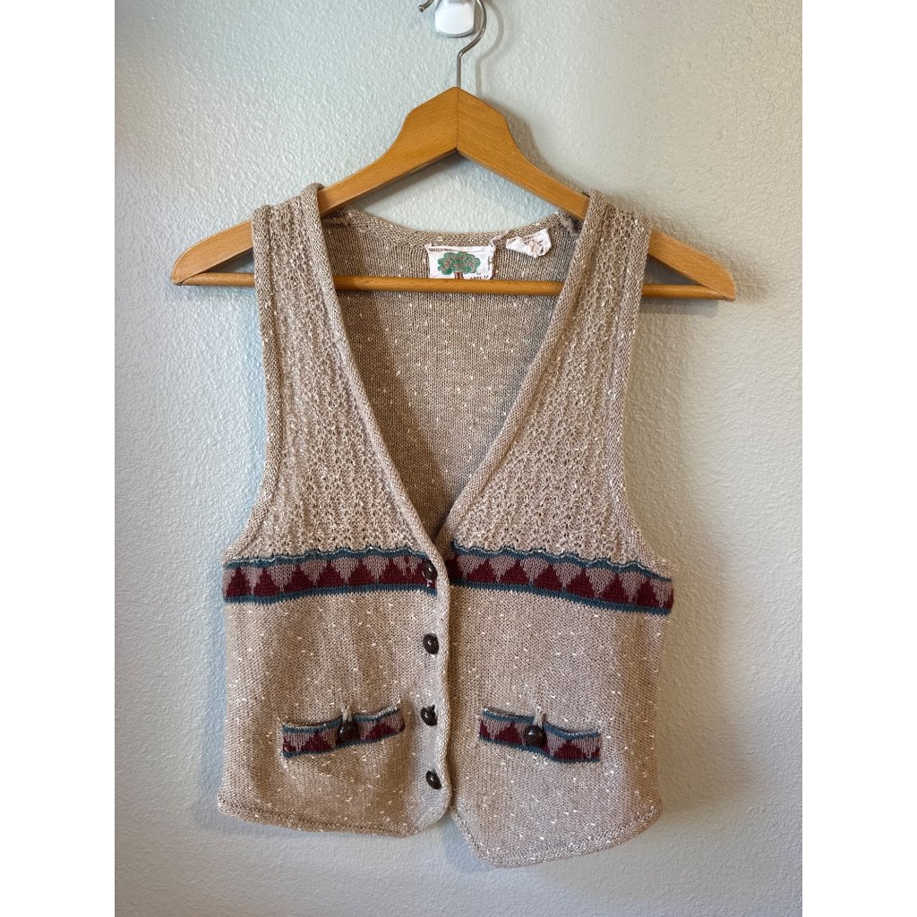 Vintage Organic Knit Sweater Vest With Geometric Pattern  Pockets Beige Size S